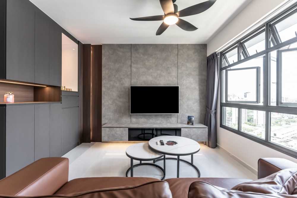 Modern Living Room with Homogeneous Tiles and TV Console