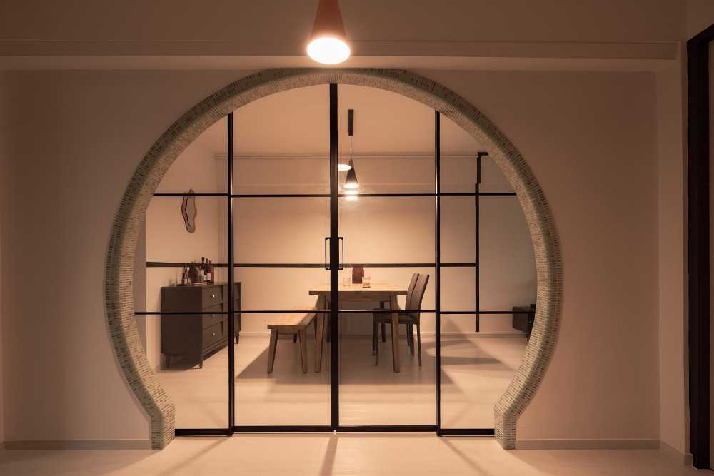 Asian Dining Room with Drop Light and Dining Table