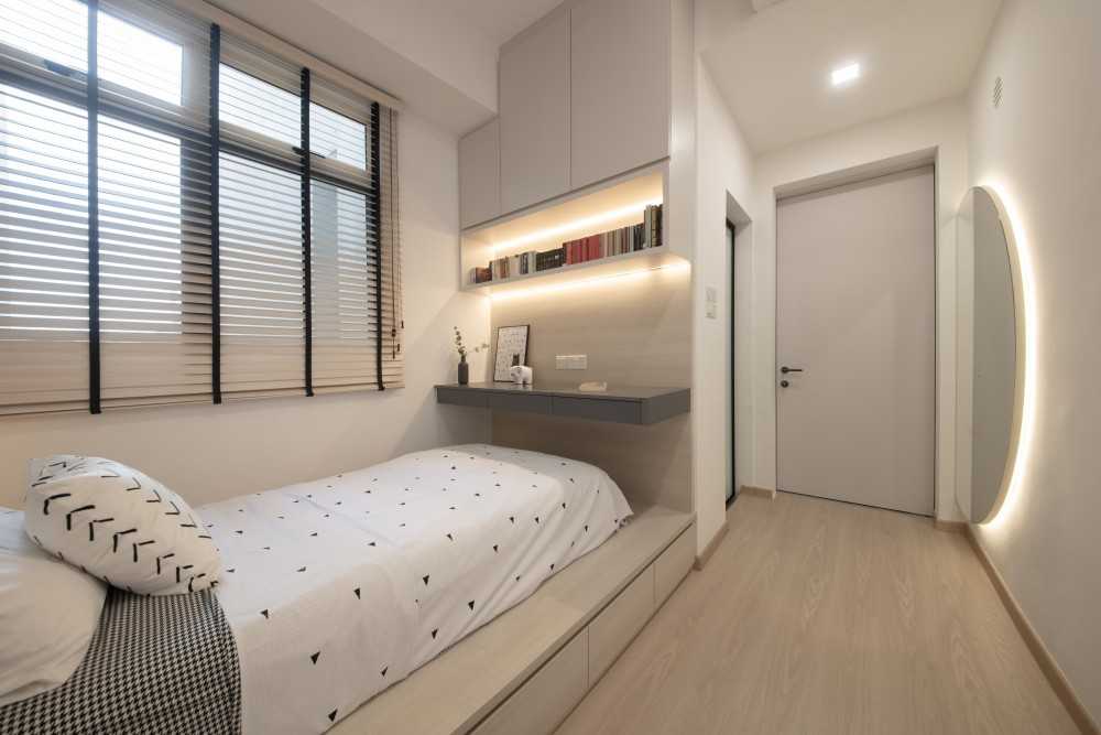 Modern Bedroom with Bookshelf and Platform Bed