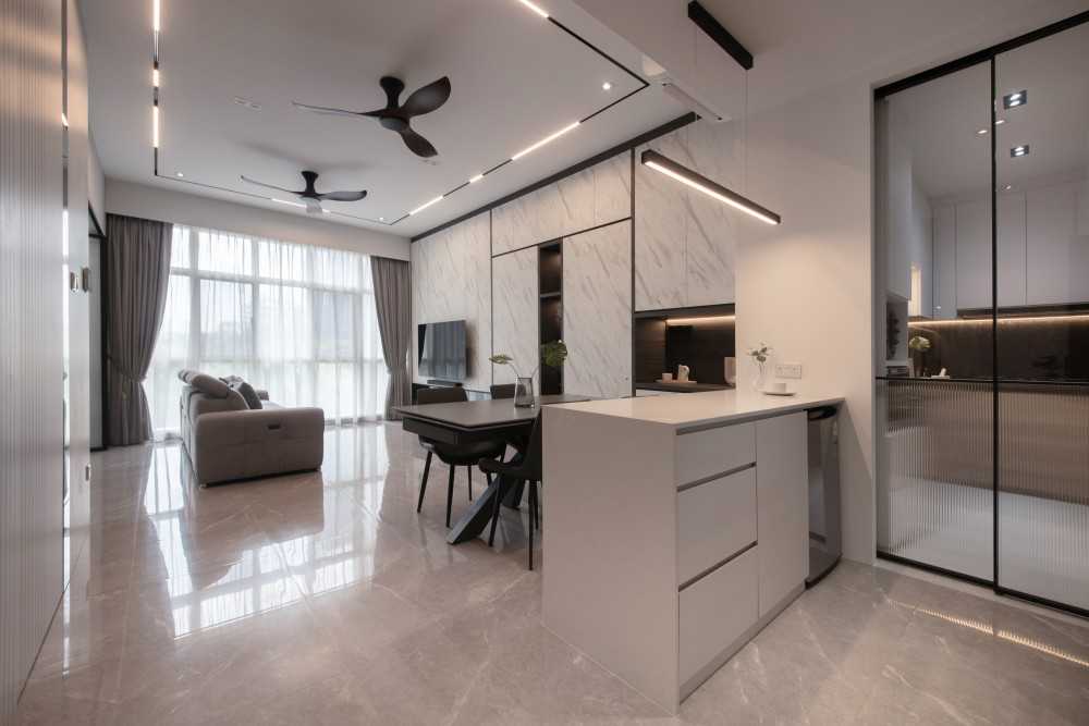 Modern Pantry with Drop Light and Kitchen Island