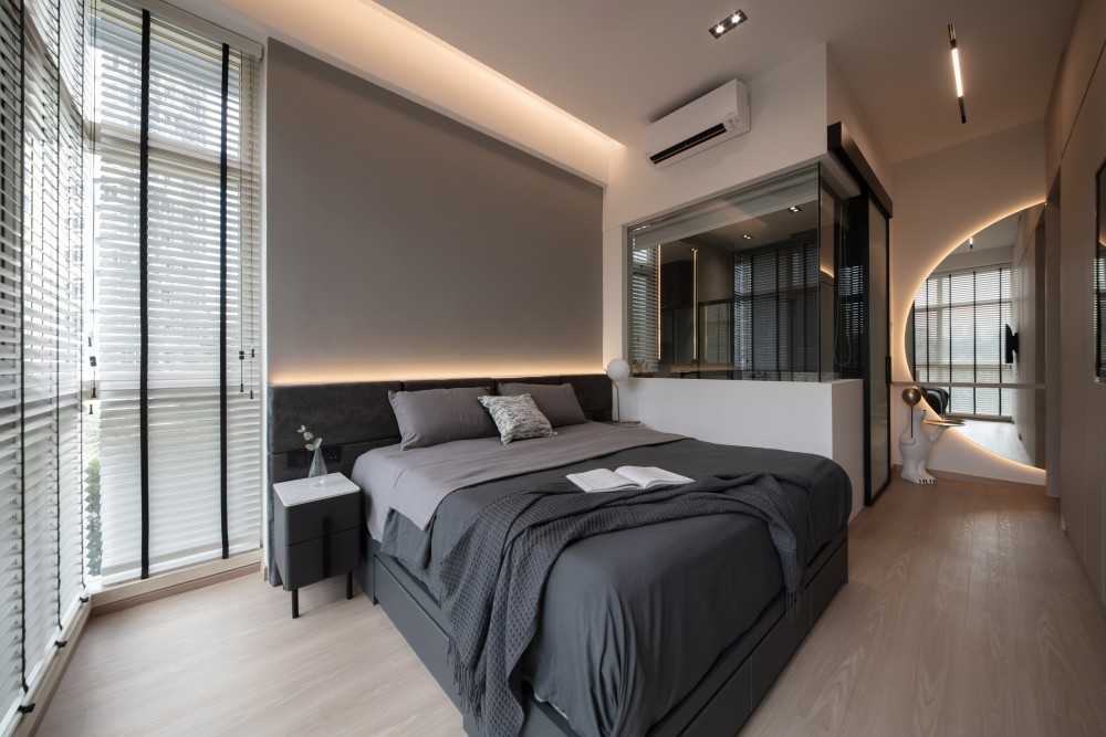 Modern Bedroom with Bedside Table and Blinds