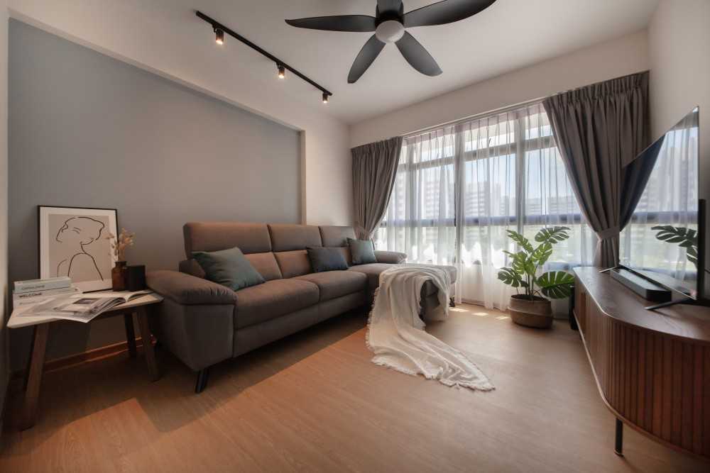 Scandinavian Living Room with TV Console and Curtain