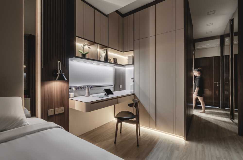 Modern Bedroom with Bookshelf and Vinyl Flooring