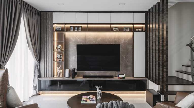 Modern Living Room with Homogeneous Tiles and TV Console