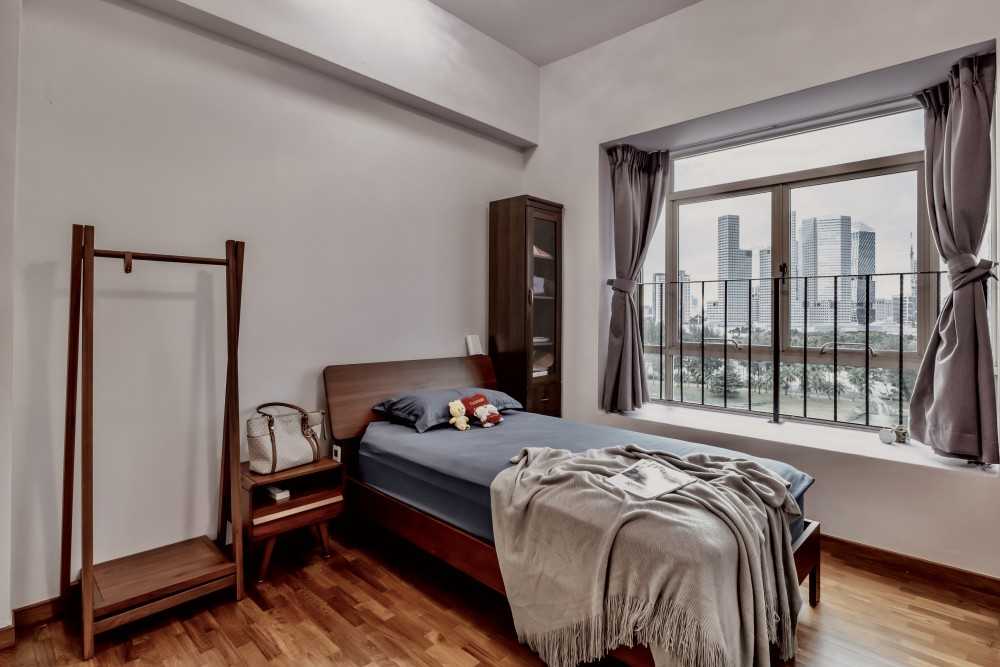 Modern Bedroom with Curtain and Bedside Table