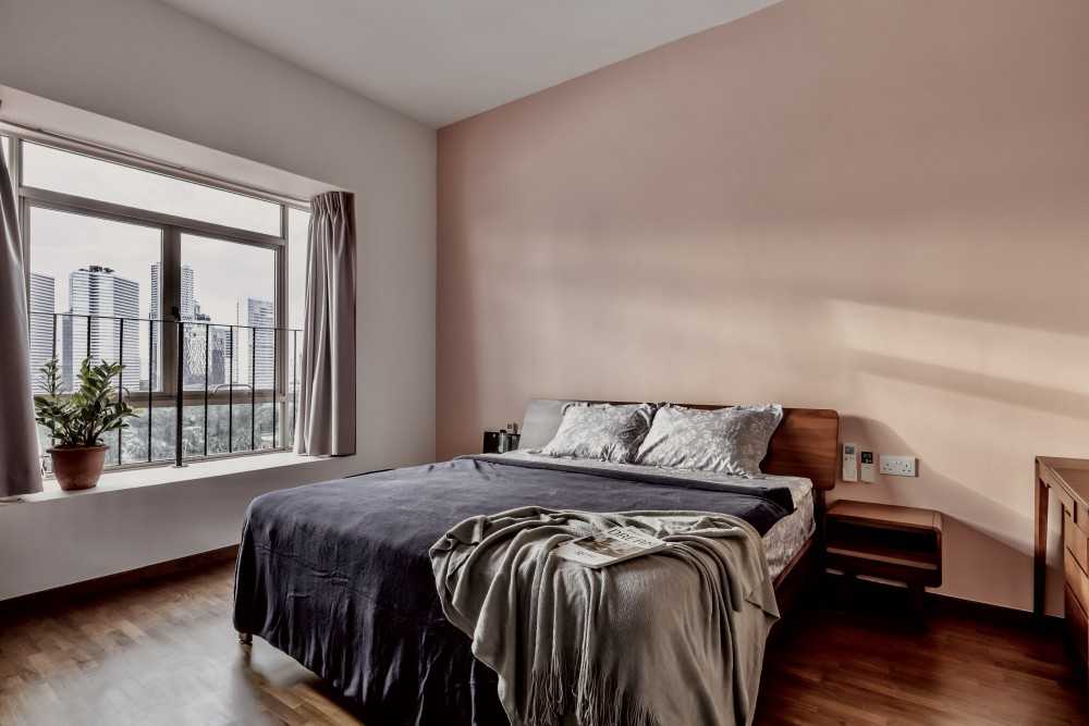 Modern Bedroom with Curtain and Bedside Table