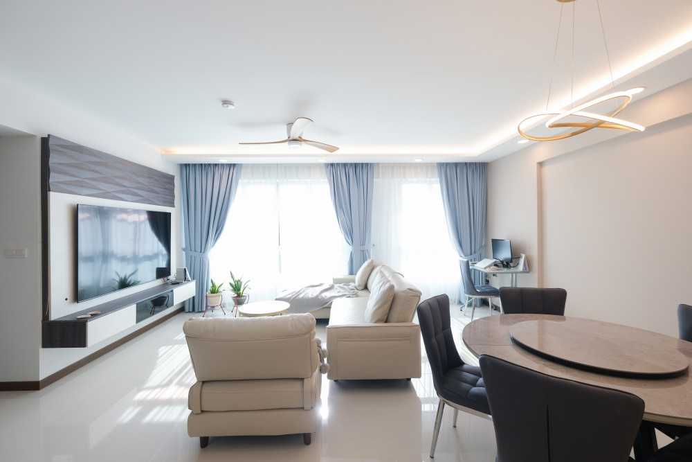 Scandinavian Living Room with TV Console and Feature Wall