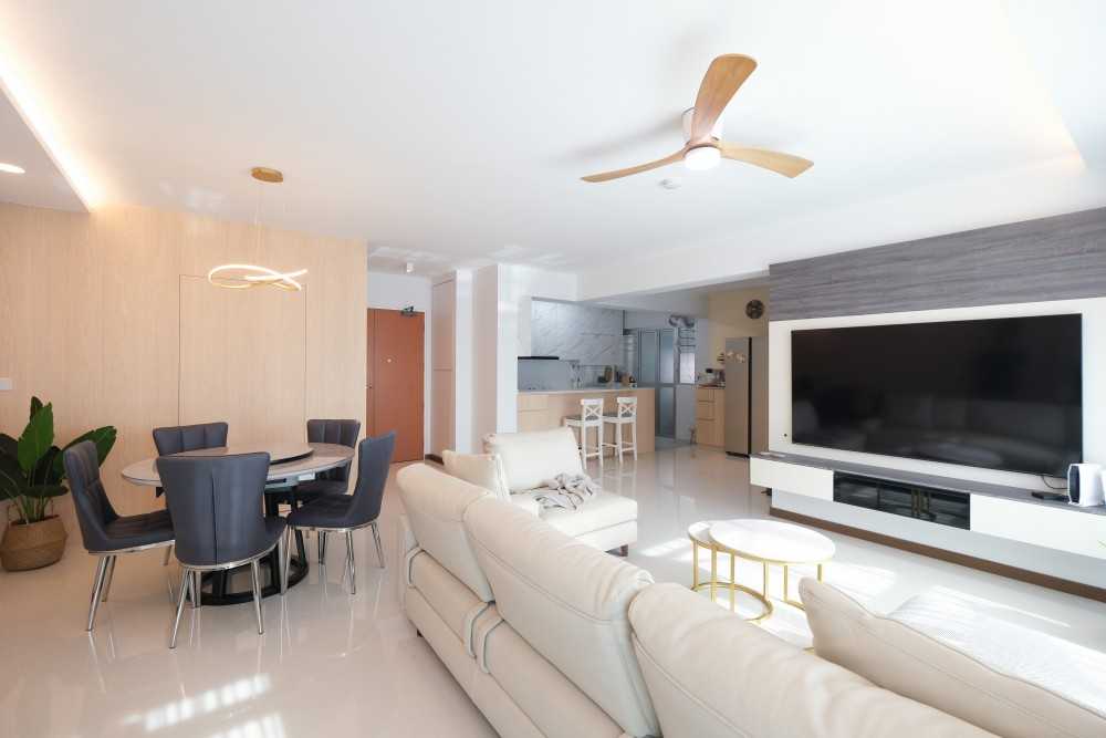 Scandinavian Living Room with TV Console and Feature Wall