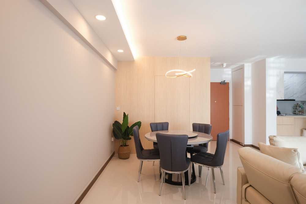 Scandinavian Dining Room with Drop Light and Dining Table