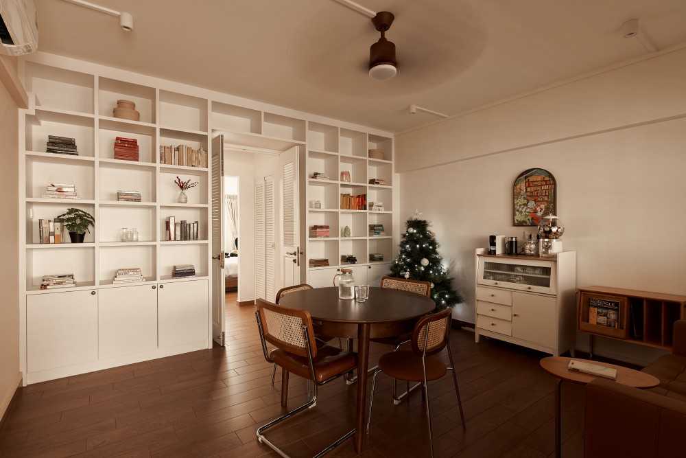 Scandinavian Living Room with Dining Table and Storage Cabinets