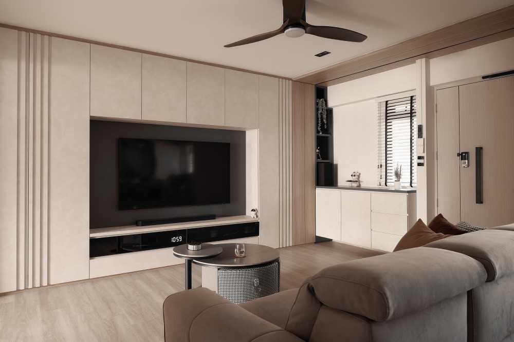 Scandinavian Living Room with TV Console and Feature Wall