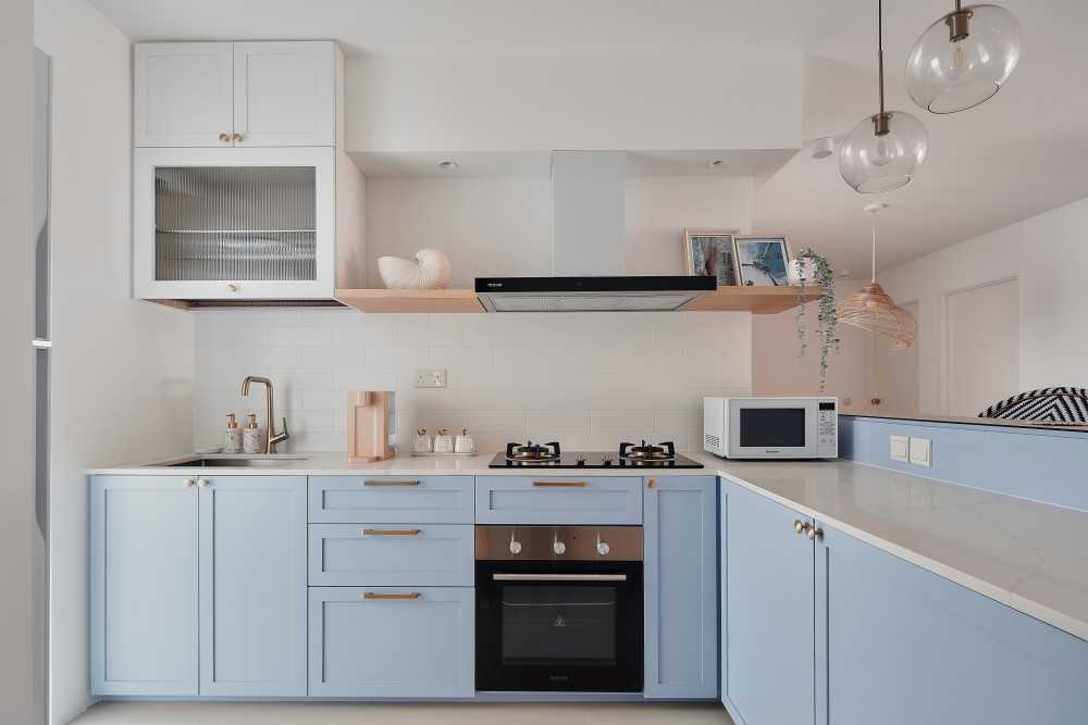 Scandinavian Kitchen with Countertop and Kitchen Backsplash