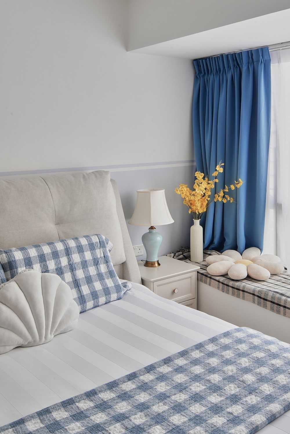 Scandinavian Bedroom with Bay Window and Curtain
