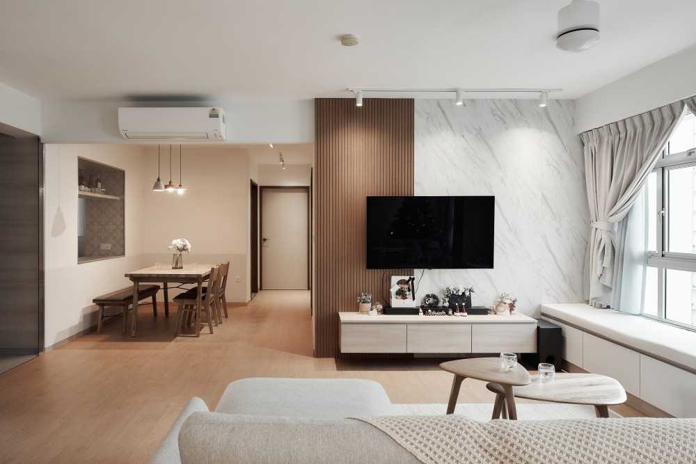 Scandinavian Living Room with TV Console and Feature Wall