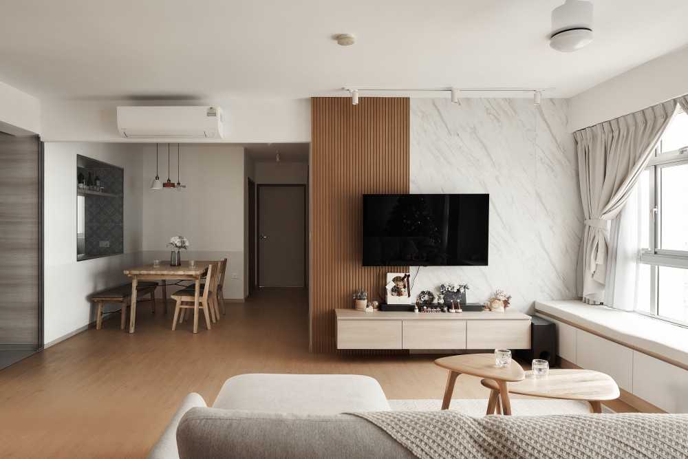 Scandinavian Living Room with TV Console and Feature Wall