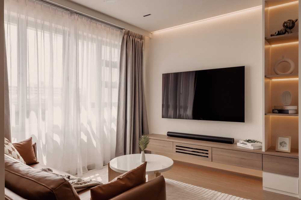Minimalist Living Room with TV Console and Display Cabinets