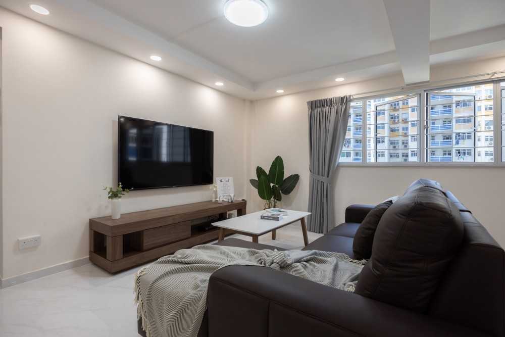 Contemporary Living Room with TV Console and Downlights
