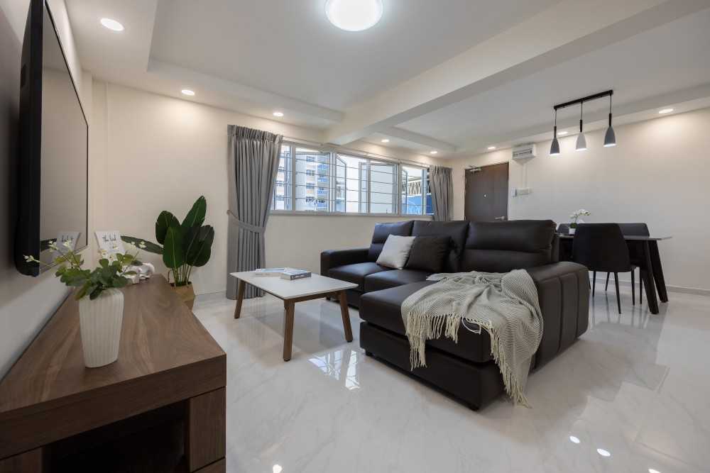 Contemporary Living Room with TV Console and Downlights