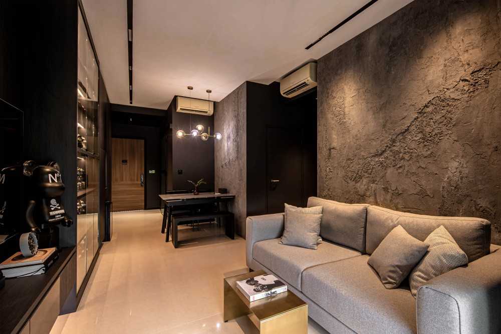 Contemporary Living Room with Display Cabinets and Lighting