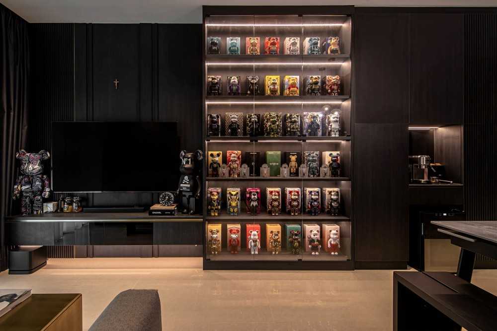 Contemporary Living Room with Feature Wall and Display Cabinets