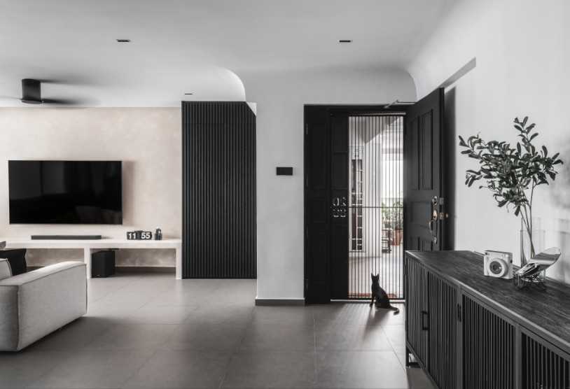 Minimalist Hallway with Ceiling Fan and Panelling