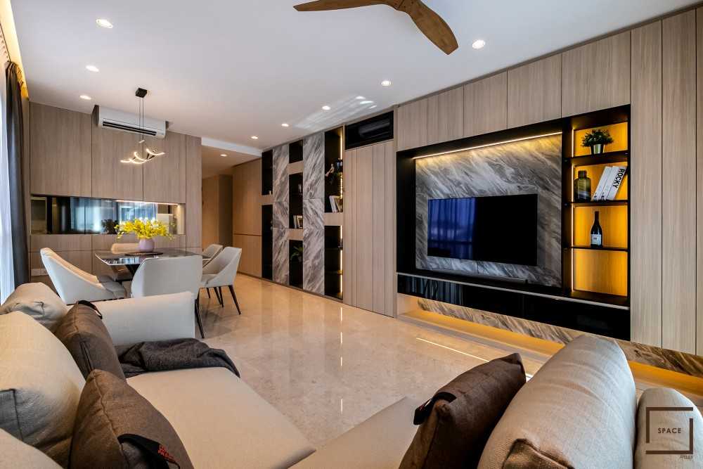 Contemporary Living Room with Homogeneous Tiles and TV Console