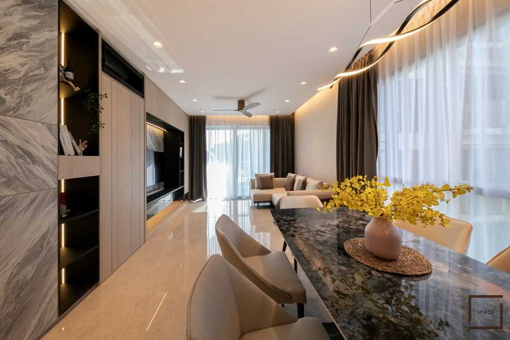 Contemporary Living Room with TV Console and Chandelier