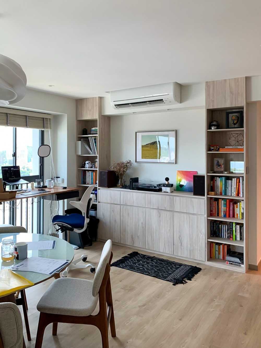 Scandinavian Study with Bookshelf and Window Grille