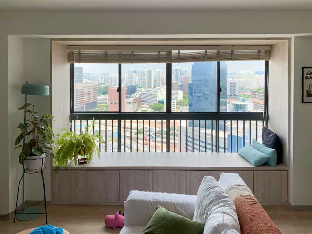 Scandinavian Living Room with Window Seat and Window Grille
