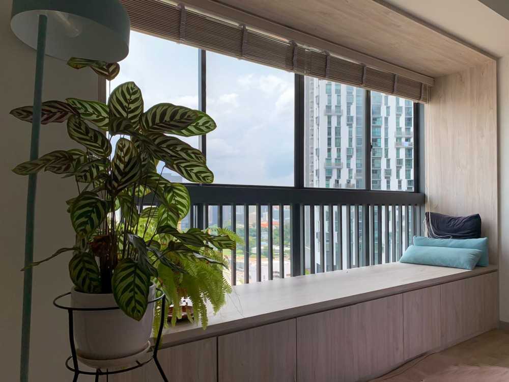 Scandinavian Living Room with Window Seat and Window Grille