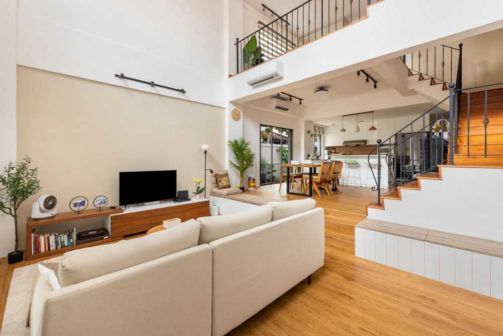 Scandinavian Living Room with Wood Flooring and TV Console