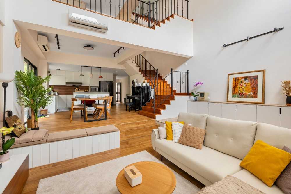 Scandinavian Living Room with Drop Light and Carpet