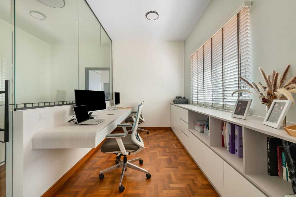 Scandinavian Workstation with Bookshelf and Desk Chairs