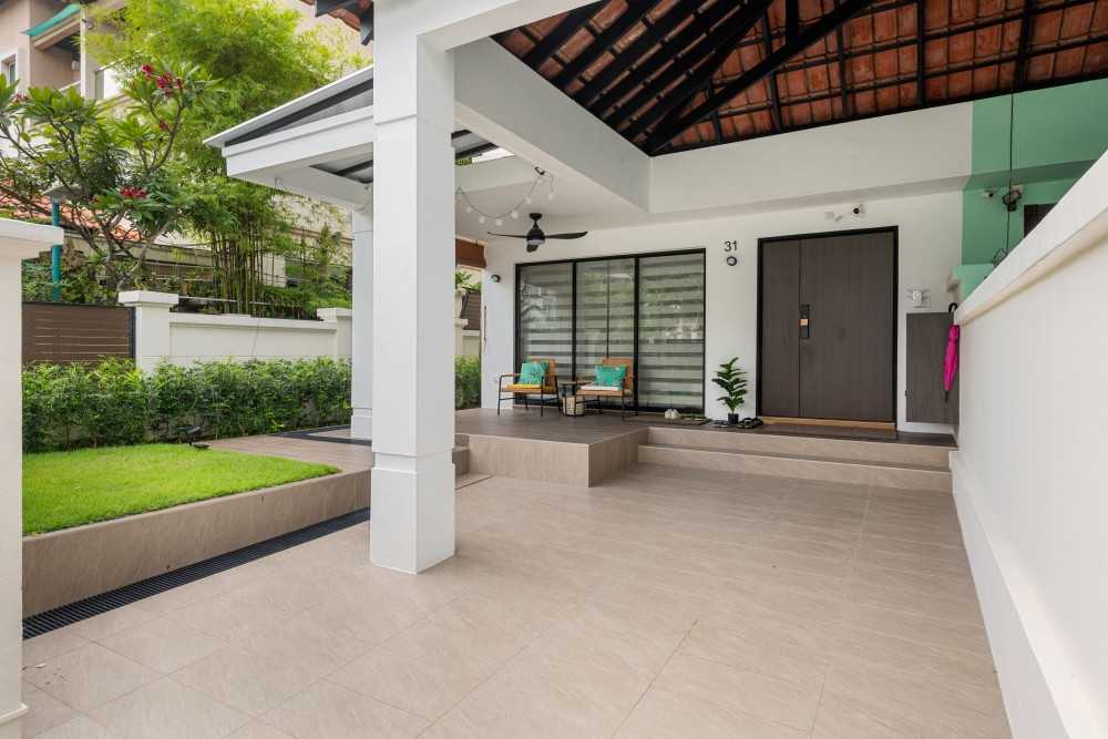 Scandinavian Entryway with Glass Door and Ceiling Fan