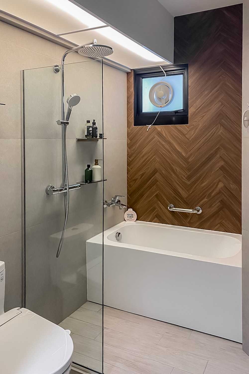 Scandinavian Bathroom with Bathtub and Rainshower