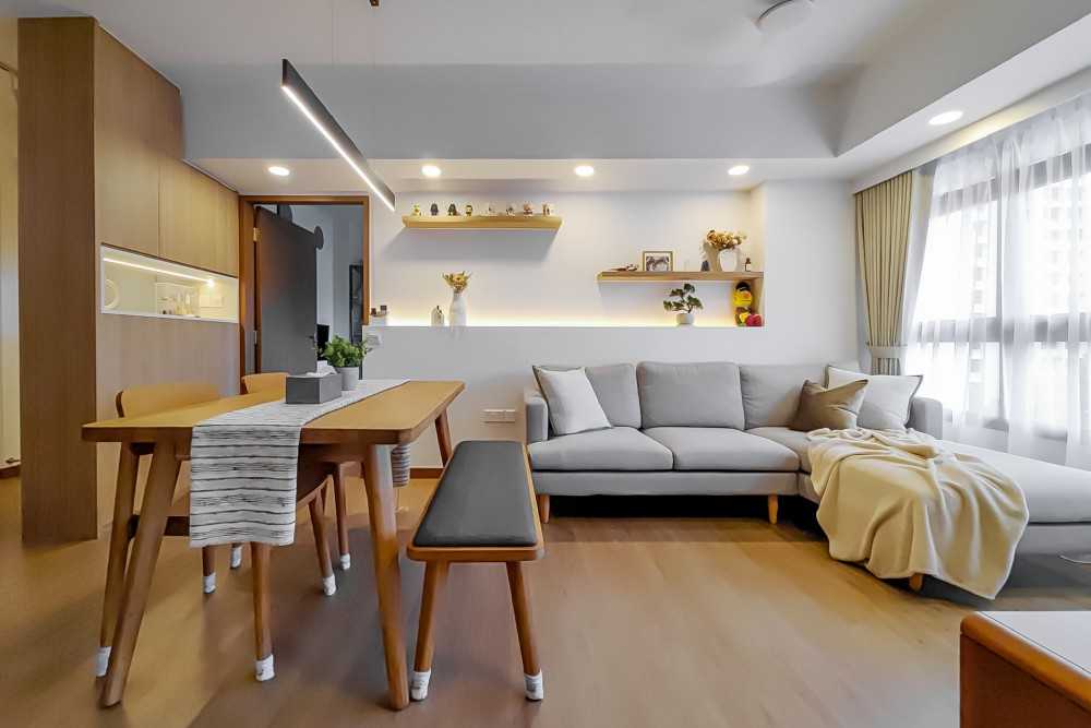 Scandinavian Living Room with Cove Lighting and Ceiling Light