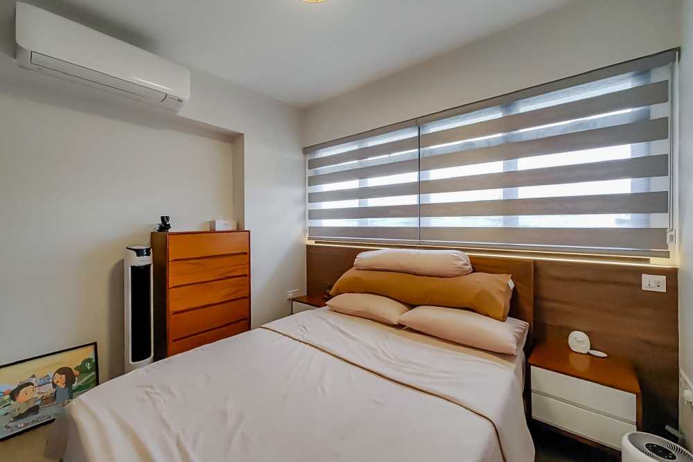 Scandinavian Bedroom with Roller Blinds and Bedside Table