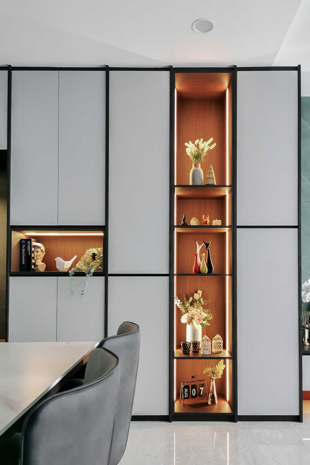 Modern Hallway with Bookshelf and Artwork