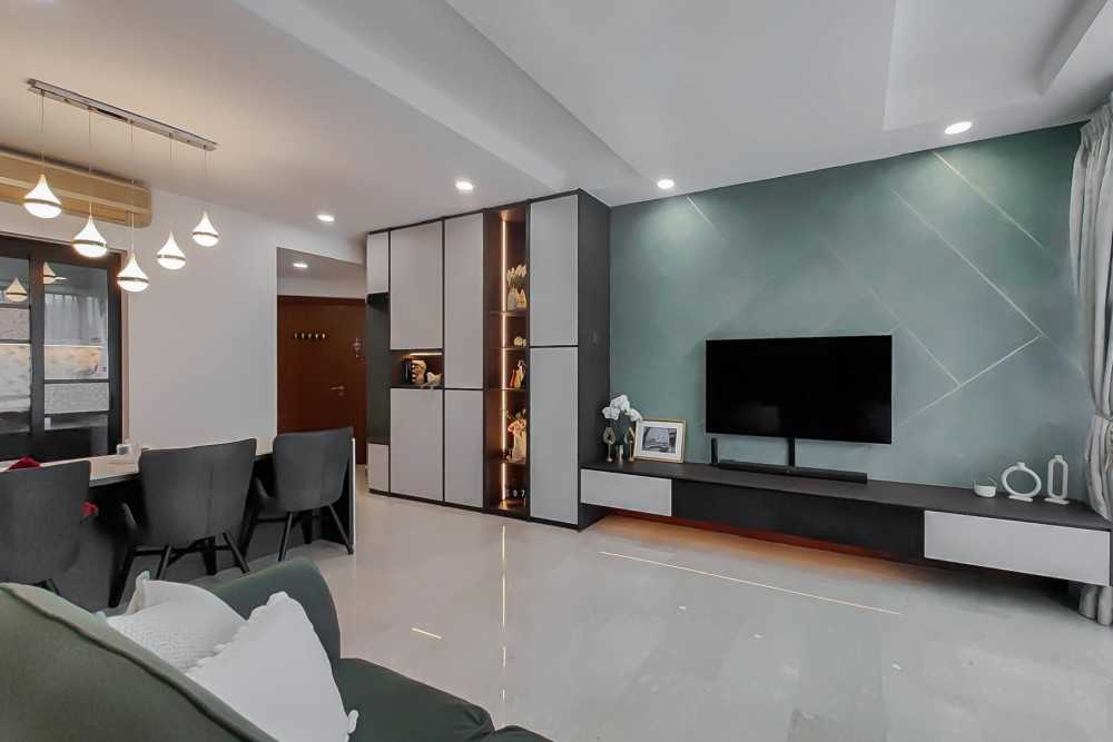 Modern Living Room with Marble Floor and TV Console