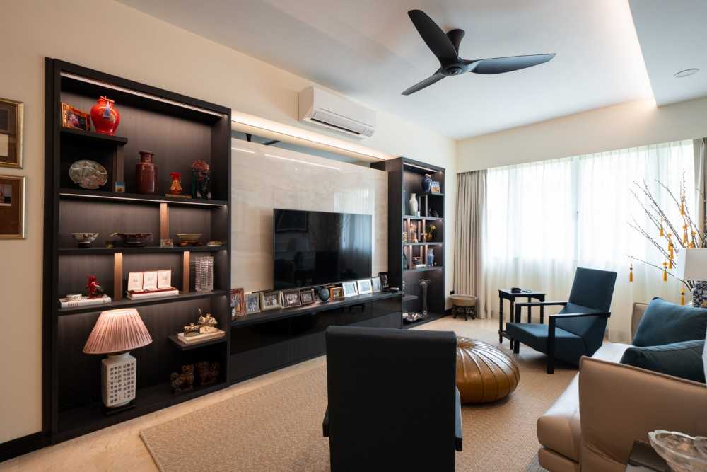 Modern Living Room with Homogeneous Tiles and TV Console