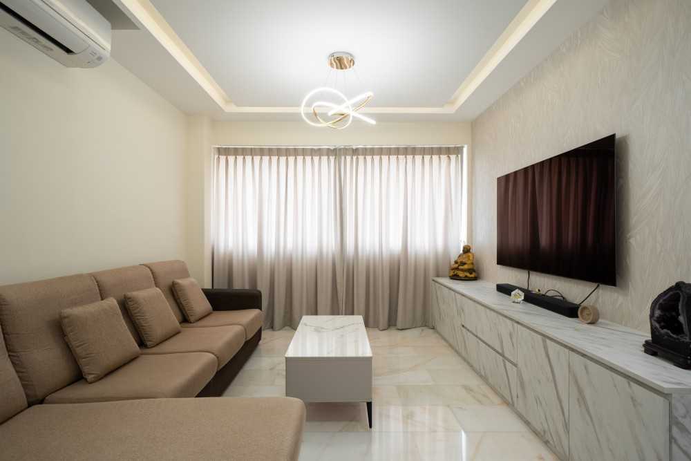 Contemporary Living Room with Feature Wall and Cove Lighting