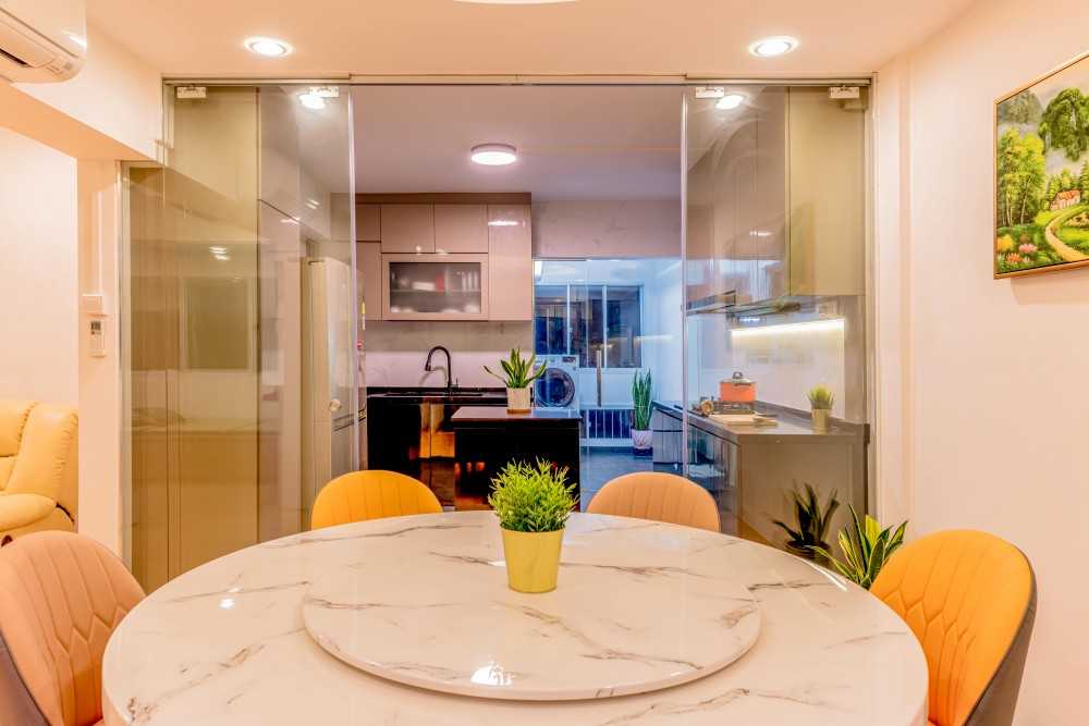 Modern Dining Room with Glass Door and Ceiling Light