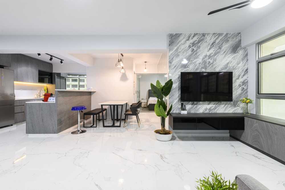 Minimalist Living Room with Marble Floor and TV Console