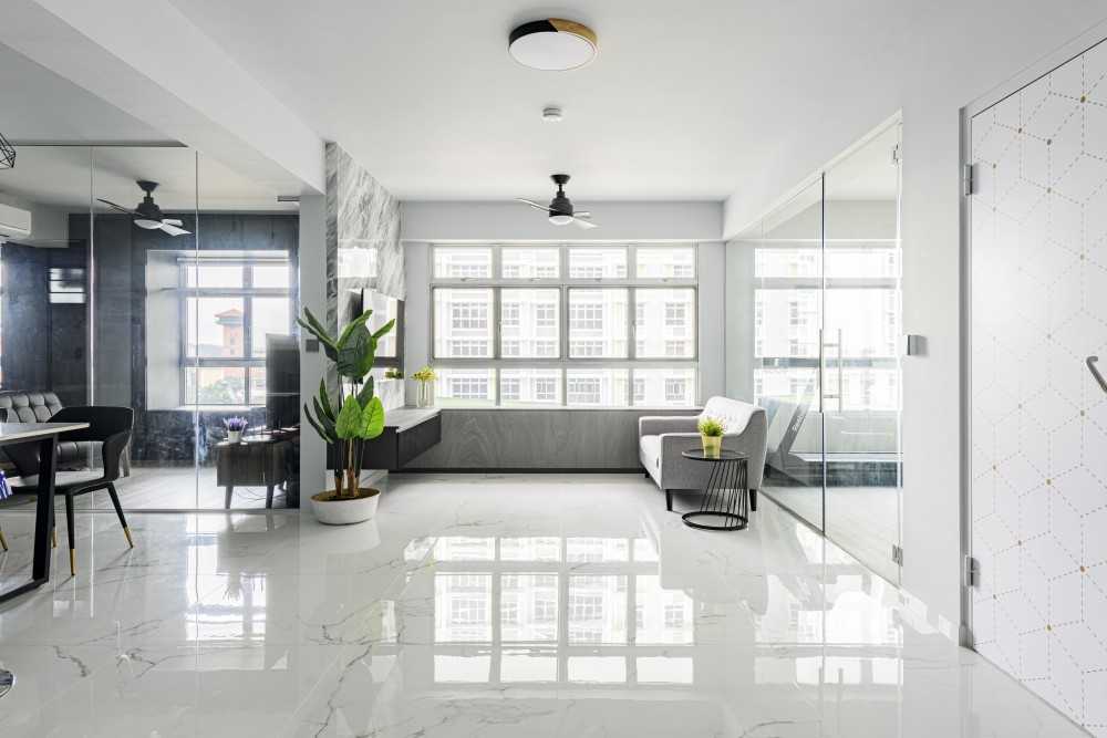 Minimalist Living Room with Marble Floor and Glass Door