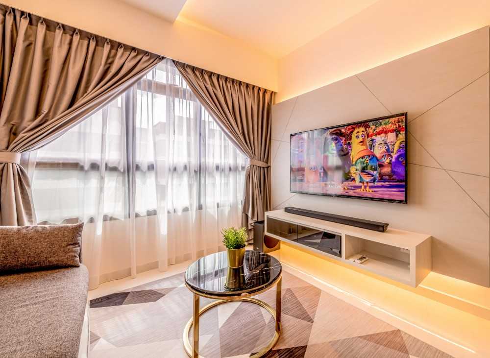 Modern Living Room with TV Console and Ceiling Light