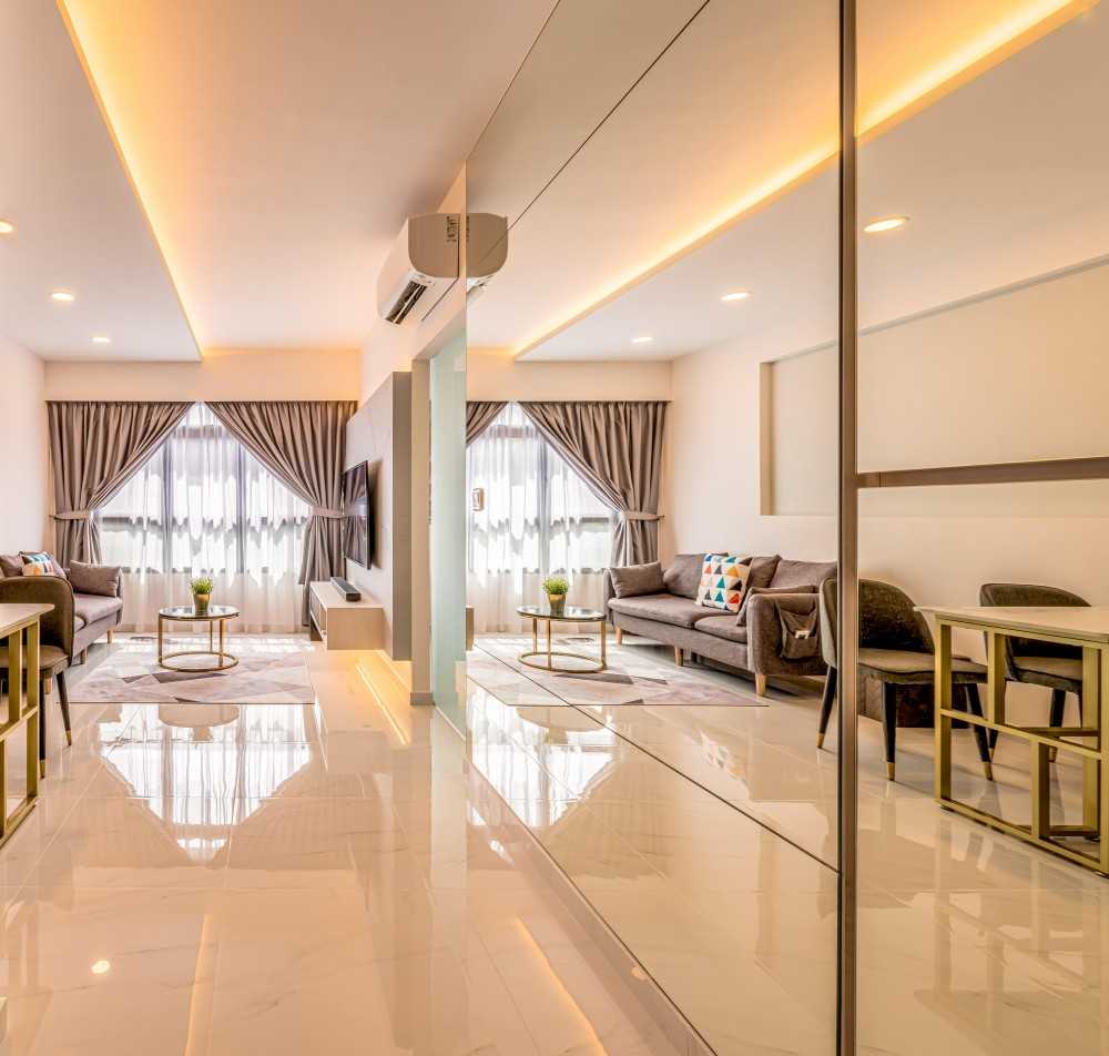 Modern Living Room with Marble Floor and Mirror