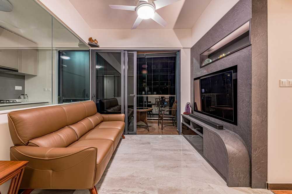 Contemporary Living Room with TV Console and Glass Door