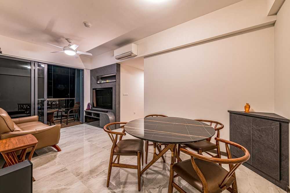 Contemporary Dining Room with Marble Floor and Ceiling Light