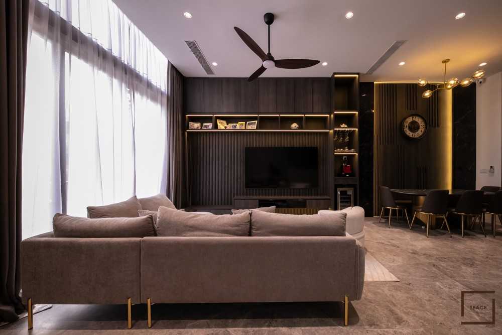 Contemporary Living Room with TV Console and Feature Wall