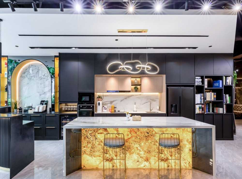 Modern Kitchen with Bookshelf and Kitchen Island